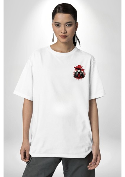 Kırmızı Şapkalı Asi Tavşan Beyaz Oversize Kadın Erkek Ön ve Sırt Baskılı Tişört modelleri