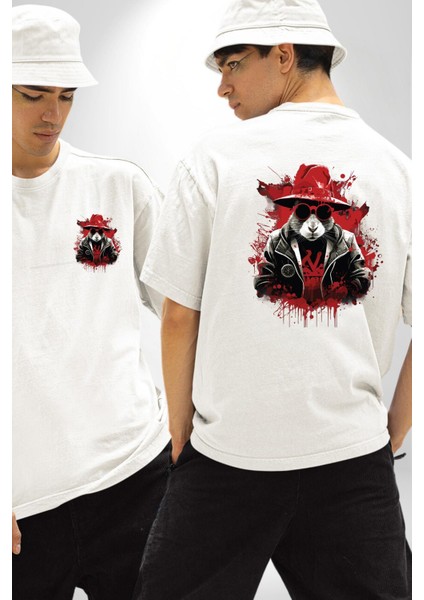 Kırmızı Şapkalı Asi Tavşan Beyaz Oversize Kadın Erkek Ön ve Sırt Baskılı Tişört fırsatları