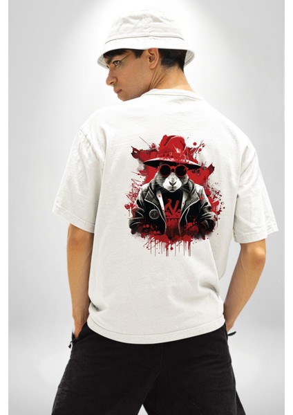 Kırmızı Şapkalı Asi Tavşan Beyaz Oversize Kadın Erkek Ön ve Sırt Baskılı Tişört indirimleri