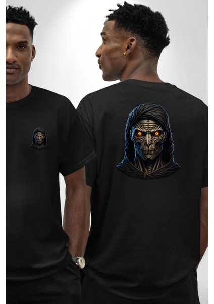 Karanlık Halloween Gotik Siyah Hooded Kafatası Siyah Oversize Kadın Erkek Ön ve Sırt Baskılı Tişört