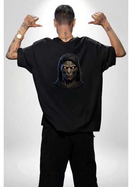 Karanlık Halloween Gotik Siyah Hooded Kafatası Siyah Oversize Kadın Erkek Ön ve Sırt Baskılı Tişört fiyatları