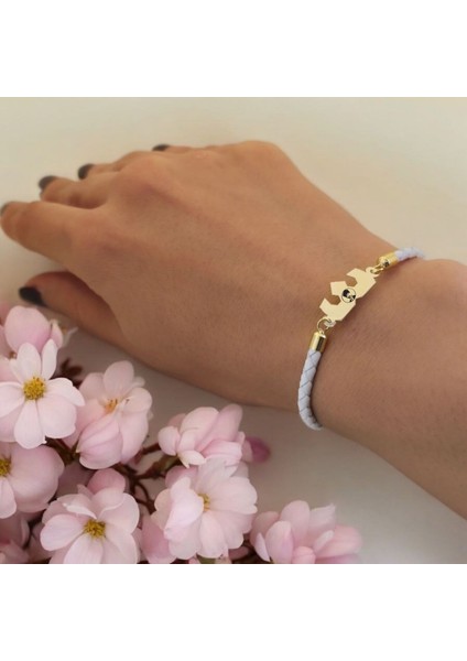 Atatürk Temalı Taç Motifli 14 Ayar Altın Plakalı Doğal Beyaz Derili Hediye Bileklik-465SEMBOL