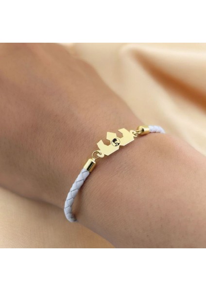 Atatürk Temalı Taç Motifli 14 Ayar Altın Plakalı Doğal Beyaz Derili Hediye Bileklik-465SEMBOL indirimleri