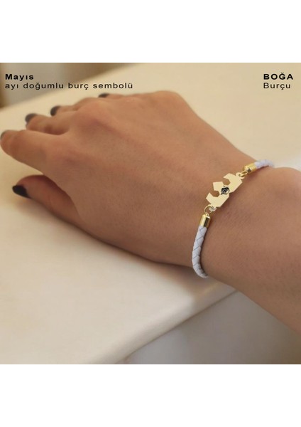 Boğa Burçlarına Özel 14 Ayar Altın Plakalı Doğal Beyaz Derili Taç Motifli Hediye Bileklik-465BURÇ