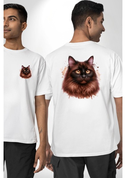 Ragdoll Kedi Siyam Kedisinin Uzun Tüylü Versiyon Beyaz Oversize Kadın Erkek Ön ve Sırt Baskılı Tişört
