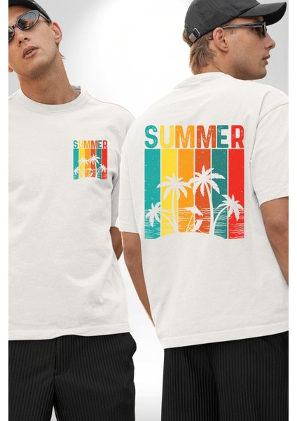 Tropikal Yaz Temalı Beyaz Oversize Kadın Erkek Ön ve Sırt Baskılı Tişört