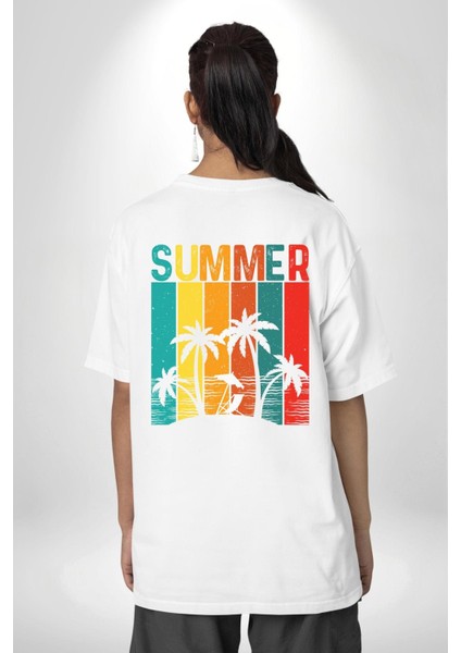 Tropikal Yaz Temalı Beyaz Oversize Kadın Erkek Ön ve Sırt Baskılı Tişört fiyatları