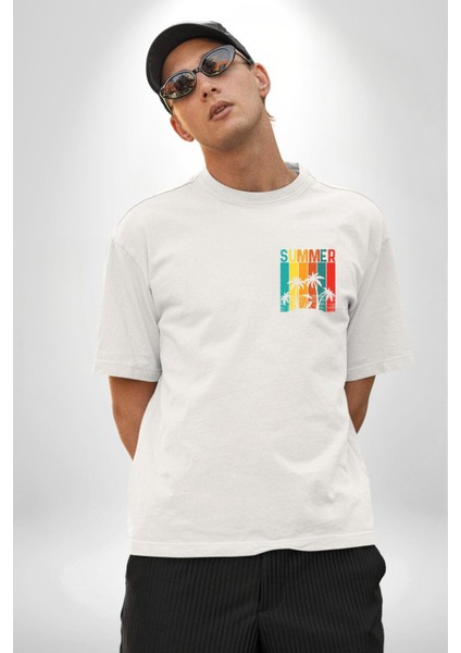 Tropikal Yaz Temalı Beyaz Oversize Kadın Erkek Ön ve Sırt Baskılı Tişört modelleri