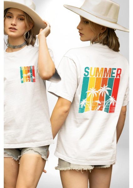 Tropikal Yaz Temalı Beyaz Oversize Kadın Erkek Ön ve Sırt Baskılı Tişört fırsatları