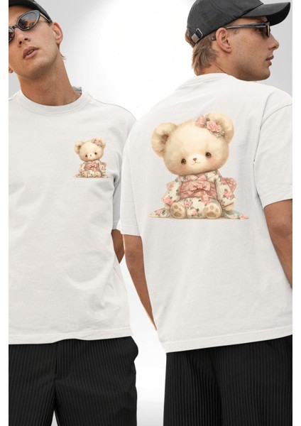 Kimonolu Pembe Ayıcık Tasarım Beyaz Oversize Kadın Erkek Ön ve Sırt Baskılı Tişört