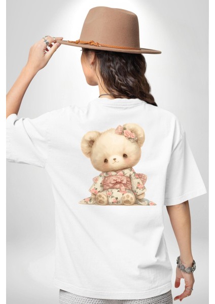 Kimonolu Pembe Ayıcık Tasarım Beyaz Oversize Kadın Erkek Ön ve Sırt Baskılı Tişört fiyatları