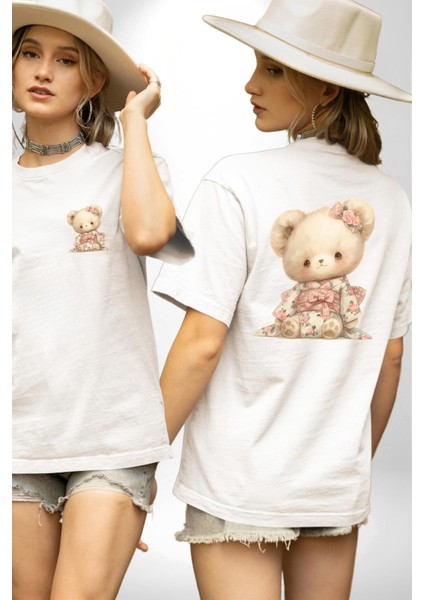 Kimonolu Pembe Ayıcık Tasarım Beyaz Oversize Kadın Erkek Ön ve Sırt Baskılı Tişört fırsatları