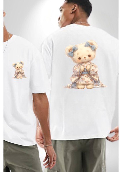 Çiçekli Mavi Elbiseli Ayıcık Beyaz Oversize Kadın Erkek Ön ve Sırt Baskılı Tişört