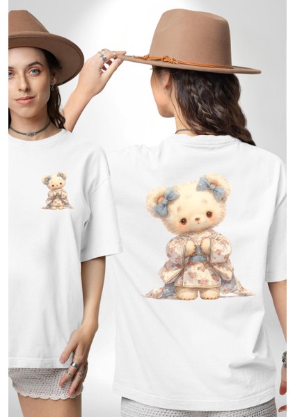 Çiçekli Mavi Elbiseli Ayıcık Beyaz Oversize Kadın Erkek Ön ve Sırt Baskılı Tişört fırsatları