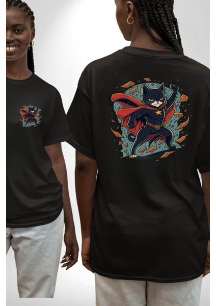 Süper Kahraman Kedi Siyah Oversize Kadın Erkek Ön ve Sırt Baskılı Tişört