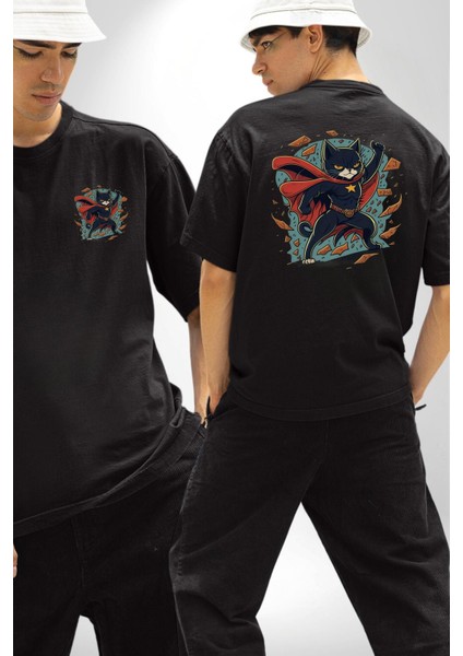 Süper Kahraman Kedi Siyah Oversize Kadın Erkek Ön ve Sırt Baskılı Tişört fırsatları