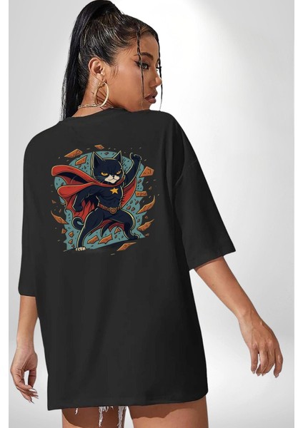 Süper Kahraman Kedi Siyah Oversize Kadın Erkek Ön ve Sırt Baskılı Tişört indirimleri