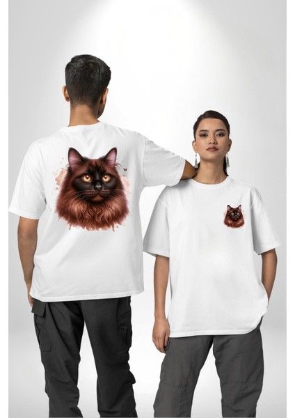 Ragdoll Kedi Siyam Kedisinin Uzun Tüylü Versiyon Beyaz Oversize Kadın Erkek Ön ve Sırt Baskılı Tişört fırsatları
