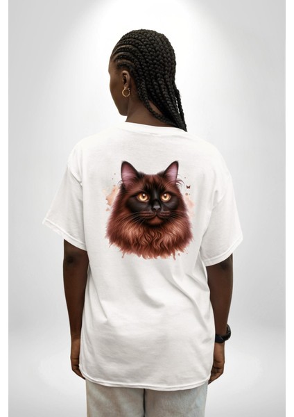 Ragdoll Kedi Siyam Kedisinin Uzun Tüylü Versiyon Beyaz Oversize Kadın Erkek Ön ve Sırt Baskılı Tişört indirimleri