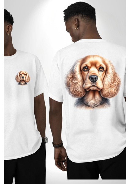 Sevimli Cocker Spaniel Köpek Beyaz Oversize Kadın Erkek Ön ve Sırt Baskılı Tişört