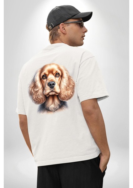 Sevimli Cocker Spaniel Köpek Beyaz Oversize Kadın Erkek Ön ve Sırt Baskılı Tişört fiyatları