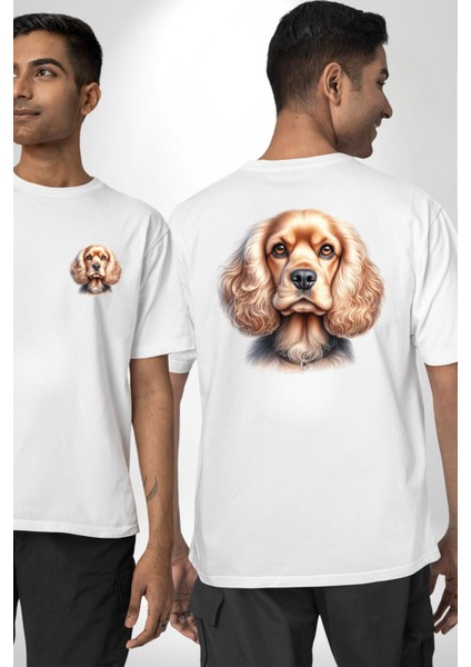 Sevimli Cocker Spaniel Köpek Beyaz Oversize Kadın Erkek Ön ve Sırt Baskılı Tişört fırsatları