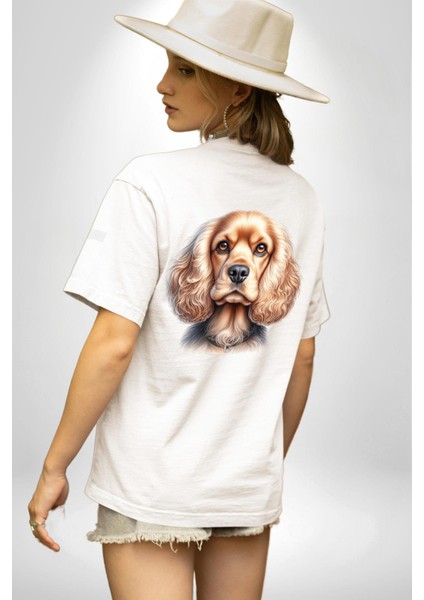 Sevimli Cocker Spaniel Köpek Beyaz Oversize Kadın Erkek Ön ve Sırt Baskılı Tişört indirimleri