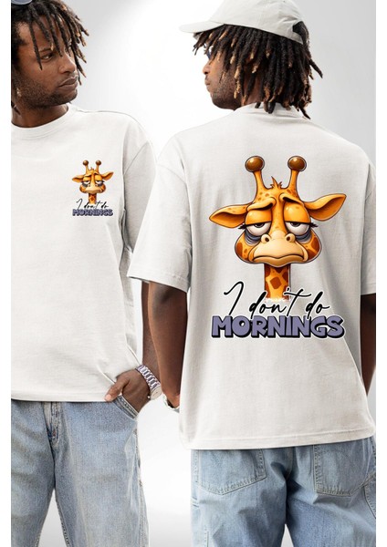 Sabahları Sevmeyen Zürafa Uykulu Beyaz Oversize Kadın Erkek Ön ve Sırt Baskılı Tişört