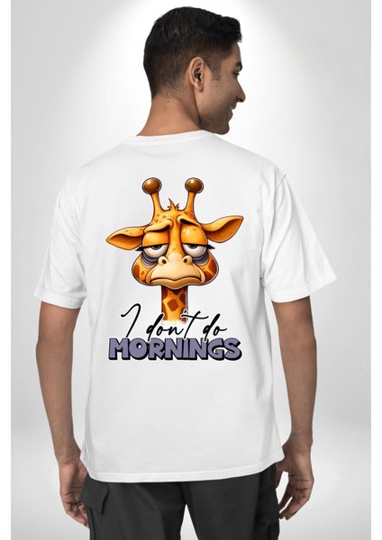 Sabahları Sevmeyen Zürafa Uykulu Beyaz Oversize Kadın Erkek Ön ve Sırt Baskılı Tişört fiyatları