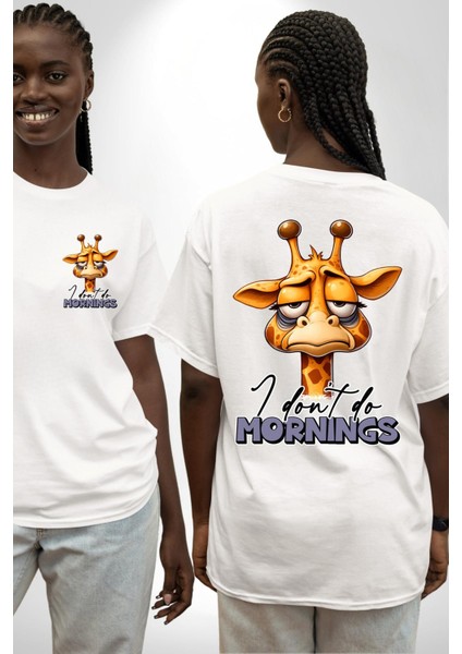 Sabahları Sevmeyen Zürafa Uykulu Beyaz Oversize Kadın Erkek Ön ve Sırt Baskılı Tişört fırsatları
