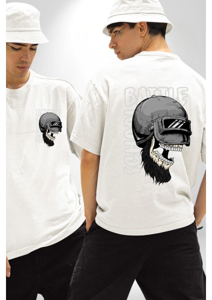 Çatlak Kask ve Savaş Mücadele Beyaz Oversize Kadın Erkek Ön ve Sırt Baskılı Tişört