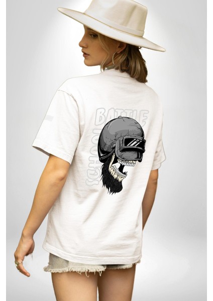 Çatlak Kask ve Savaş Mücadele Beyaz Oversize Kadın Erkek Ön ve Sırt Baskılı Tişört fiyatları