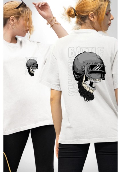 Çatlak Kask ve Savaş Mücadele Beyaz Oversize Kadın Erkek Ön ve Sırt Baskılı Tişört fırsatları