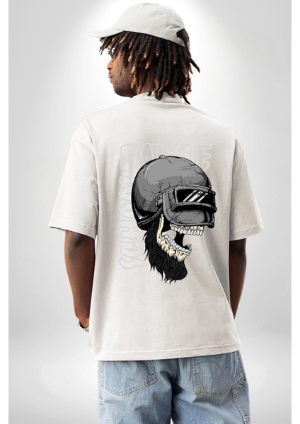 Çatlak Kask ve Savaş Mücadele Beyaz Oversize Kadın Erkek Ön ve Sırt Baskılı Tişört indirimleri