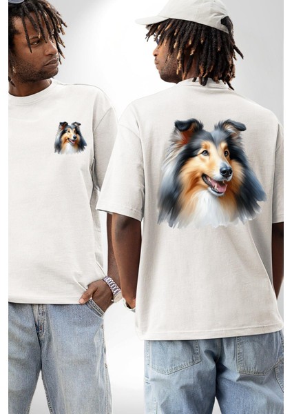Collie Zarif Zeki Köpek Beyaz Oversize Kadın Erkek Ön ve Sırt Baskılı Tişört