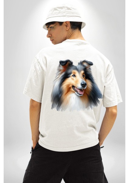 Collie Zarif Zeki Köpek Beyaz Oversize Kadın Erkek Ön ve Sırt Baskılı Tişört fiyatları