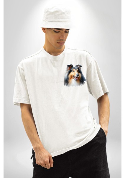 Collie Zarif Zeki Köpek Beyaz Oversize Kadın Erkek Ön ve Sırt Baskılı Tişört modelleri