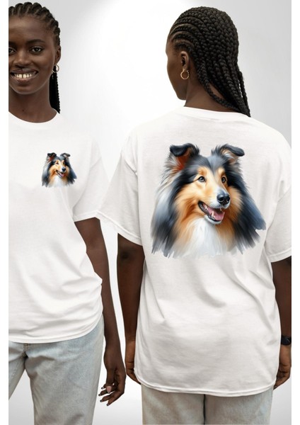 Collie Zarif Zeki Köpek Beyaz Oversize Kadın Erkek Ön ve Sırt Baskılı Tişört fırsatları
