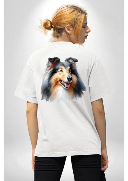 Collie Zarif Zeki Köpek Beyaz Oversize Kadın Erkek Ön ve Sırt Baskılı Tişört indirimleri