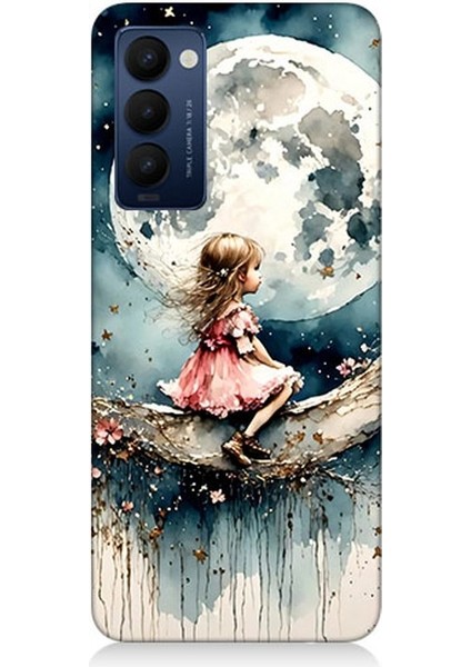 Tecno Camon 18 Uyumlu Ay Üzerinde Hayalci Kız Desenli Silikon Kılıf