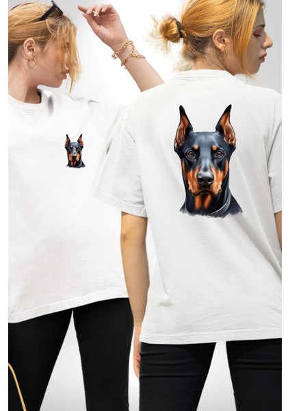 Sadık Doberman Cesur Güçlü Köpek Tasarımı Beyaz Oversize Kadın Erkek Ön ve Sırt Baskılı Tişört