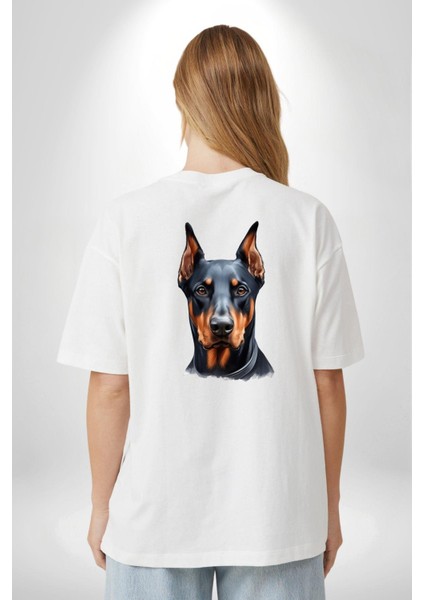Sadık Doberman Cesur Güçlü Köpek Tasarımı Beyaz Oversize Kadın Erkek Ön ve Sırt Baskılı Tişört fiyatları