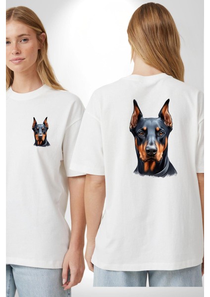 Sadık Doberman Cesur Güçlü Köpek Tasarımı Beyaz Oversize Kadın Erkek Ön ve Sırt Baskılı Tişört fırsatları
