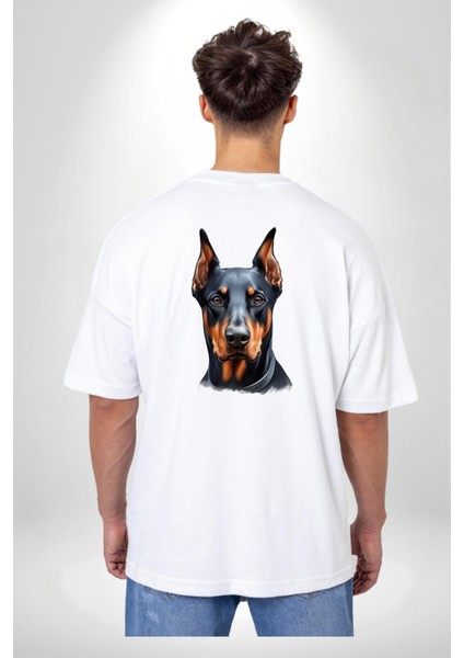 Sadık Doberman Cesur Güçlü Köpek Tasarımı Beyaz Oversize Kadın Erkek Ön ve Sırt Baskılı Tişört indirimleri