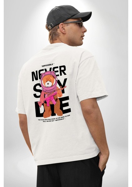 Hiçbir Zaman Imkansız Demem Ayı ve Astronot Beyaz Oversize Kadın Erkek Ön ve Sırt Baskılı Tişört fiyatları
