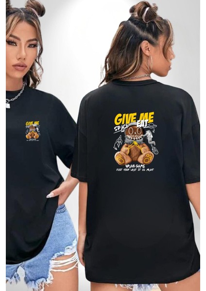 Astronot Ayı Grafik Tasarımı Siyah Oversize Kadın Erkek Ön ve Sırt Baskılı Tişört