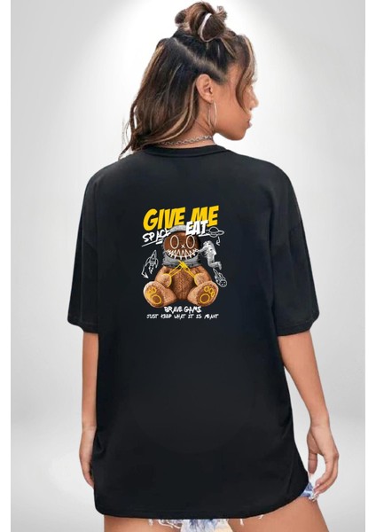 Astronot Ayı Grafik Tasarımı Siyah Oversize Kadın Erkek Ön ve Sırt Baskılı Tişört indirimleri