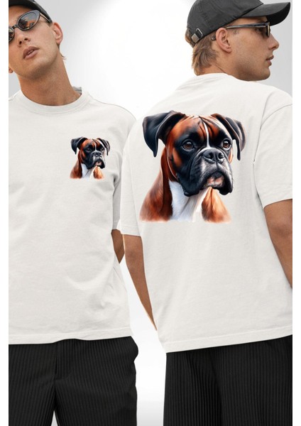 Enerjik Boxer Köpek Tasarımı Beyaz Oversize Kadın Erkek Ön ve Sırt Baskılı Tişört