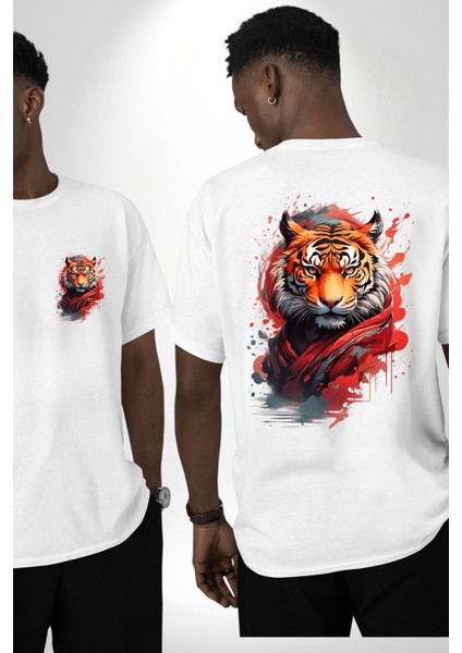 Modern Asya Esintili Kaplan Tasarımı Beyaz Oversize Kadın Erkek Ön ve Sırt Baskılı Tişört