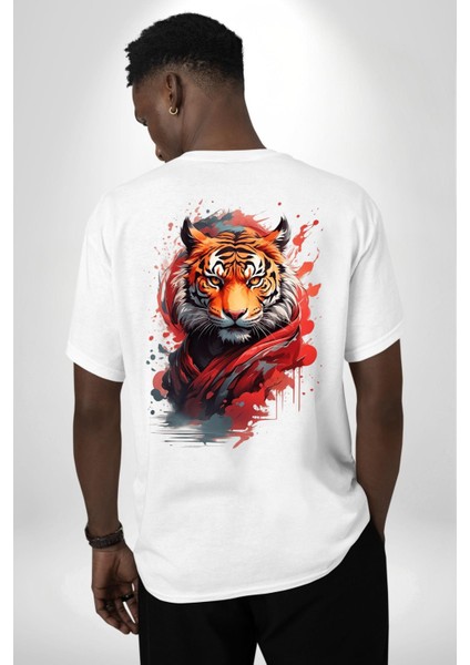 Modern Asya Esintili Kaplan Tasarımı Beyaz Oversize Kadın Erkek Ön ve Sırt Baskılı Tişört fiyatları